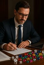 un uomo di 40 anni elegante vestito in modo professionale sta stilando un inventario patrimoniale 